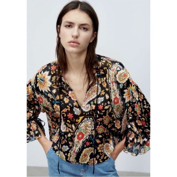 ZARA Floral Paisley Ruffle Boho Blouse Split V-Neck Tie Sleeve Top - Picture 2 of 15
